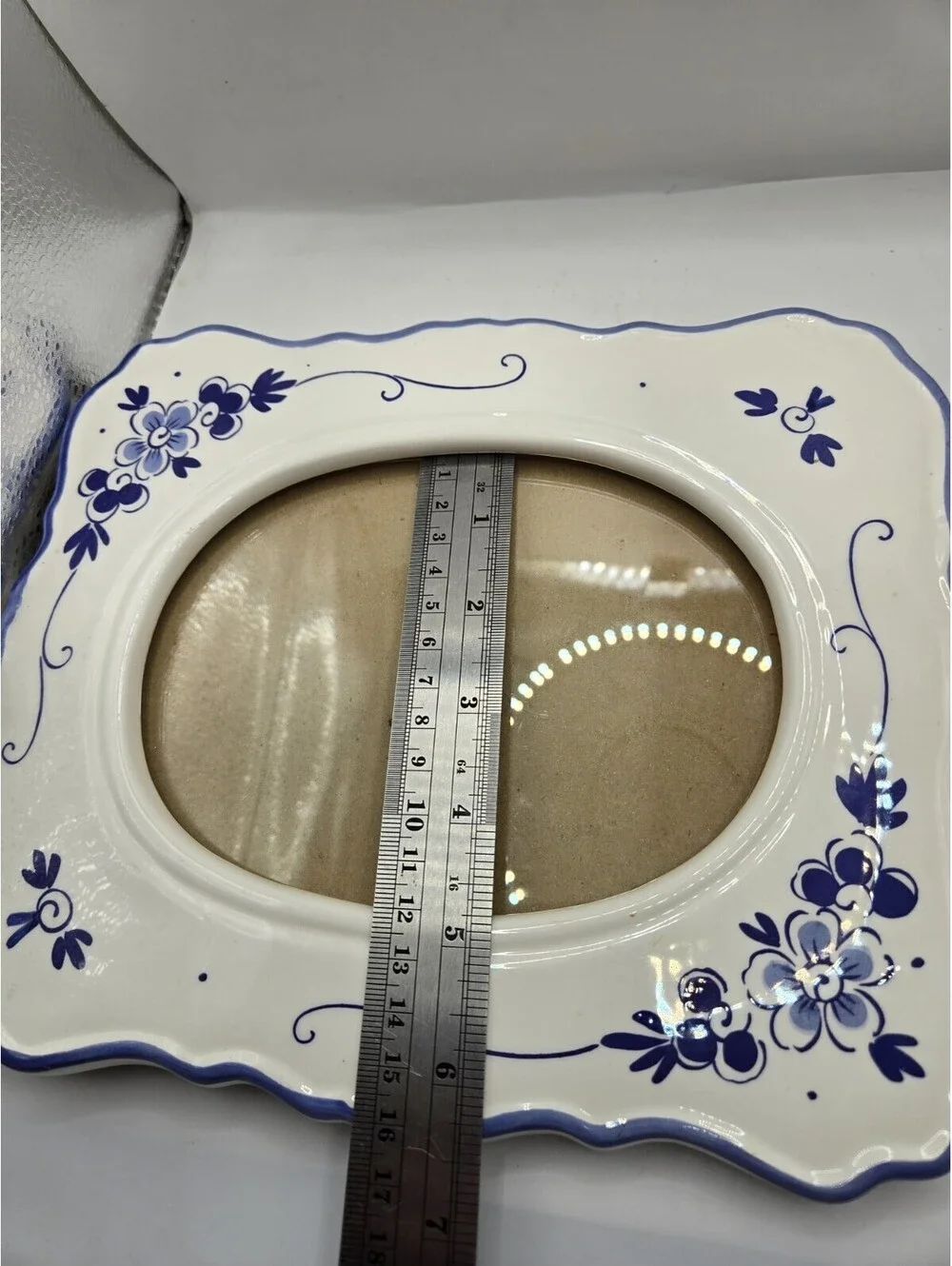 Vintage Delft Style Blue and White Ceramic Picture Frame Oval Photo Wavy Edge